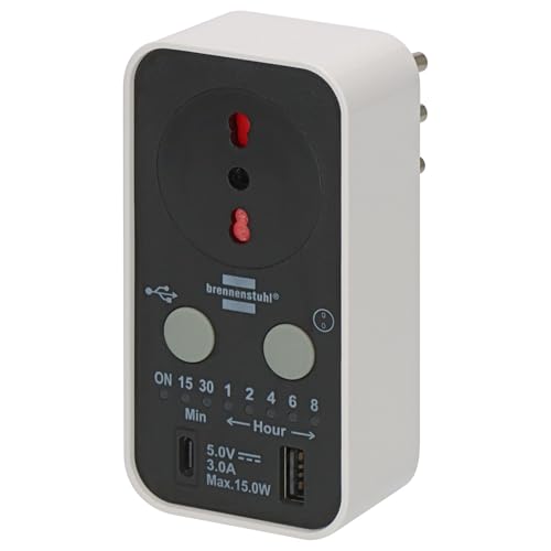 Minuterie Prise électrique Brennenstuhl, Prise temporisée pour optimiser la consommation d'énergie, multiprise programmable avec 1 Prise USB-C et 1 Prise USB-A, IP20