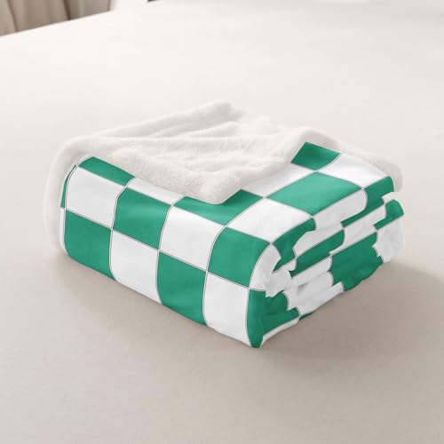 Image of Erosebridal Green Checkered Sherpa Blanket 40 inchX50 inch White Emerald Green Checkerboard Fleece Bed Blanket,Buffalo Plaid Grid Throw Blanket for Kids Adults Aesthetic Geometric Gingham Fuzzy Blanket