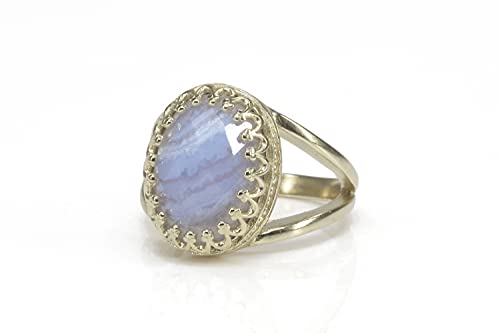 Bague Faite à la Main pour Femmes - Idée Cadeau Anniversaire et Fiançailles Agate Bleue Ovale