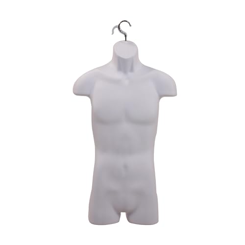 SSWBasics Male Molded Shatterproof White Shapely Torso Form with Hook - Fits Mens Sizes