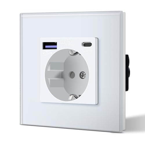 BSEED Enchufe Pared con 20W USB y Tipo C,Enchufe USB C de Cristal,Carga Rápida,3 en 1，Fácil Instalación,1 Enchufe,86mm Blanco