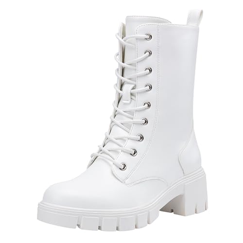Vepose Women's Mid Calf Combat Boots Lace-up Elastic Chunky Platform Boot with Side Zipper