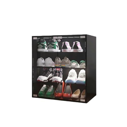 HomVent Shoe Box with RGB LED Light, Wooden Stackable Shoe Storage Box with Glass Door, Shoe Storage Bin Shoe Display Case for Sneakers (4 Tier-1)