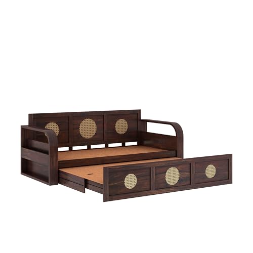 Image of Ganpati Arts Solid Sheesham Wood Cosmos 3 Seater Sofa Cum Bed with Headboard Design for Living Room Wooden Furniture Sofa Bed for Home - Walnut Finish 3 Year Warranty
