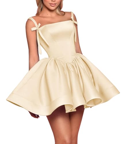 Satin Homecoming Dresses for Teens with Bow Puffy A-Line Short Prom Dress Scoop Neck HOCO Dress Photo Shoot Sweet