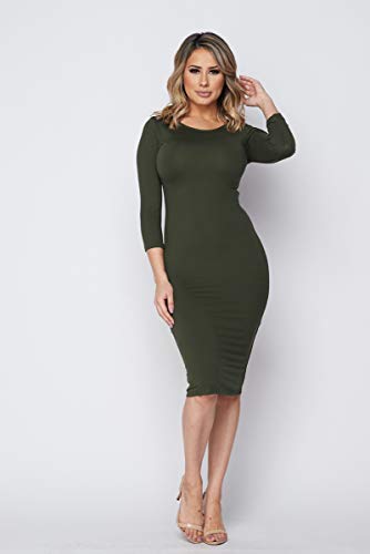Image of ICONOFLASH Women's 3 /4 Sleeves Midi Bodycon Dress Crew Neck Fitted Dresses with Plus Size Options