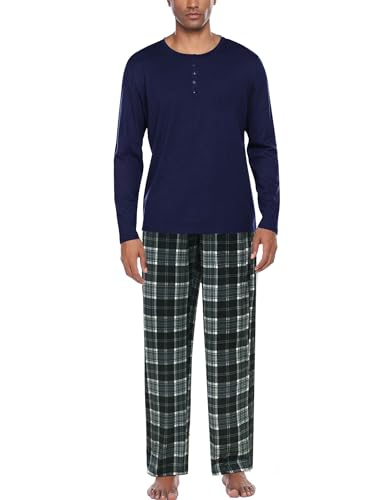 Ekouaer Pijama Hombre Invierno Conjunto Manga Larga Cuello Botones Largo Pantalón Pijama para Hombre Azul XL