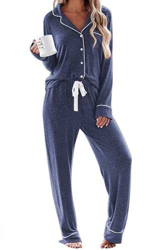 Ekouaer Women's Classic Pajamas Button Down Sleeping Wear Notch Collar Two Piece Nightwear Set (Dark Blue,M)