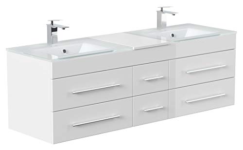 emotion Meuble Salle de Bain Vitro XL Double Vasque en Verre en Blanc Brillant