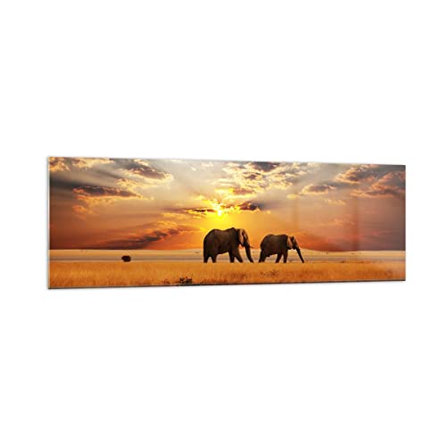 Moderne Impression sur Verre 160x50cm Image Tableau en Verre Decoration Murale Les éléphants Safari jungle buisson Grand XXL Tableaux Decoratifs Chambre...