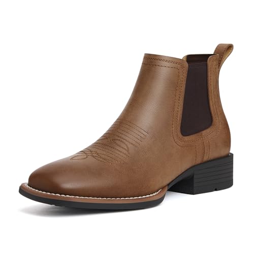 Julyrose Men's Western Chelsea Boots Square Toe Cowboy Ankle Boots Slip On Casual Retro Boots