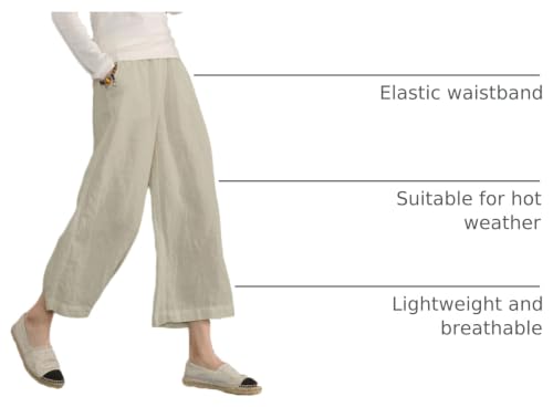 Image of ECUPPER Womens Cotton Cropped Pants Loose Fit Wide Leg Trousers | Casual, Plus Size, Elastic Waist, Capri, 100% Cotton, Slant Pockets, High Rise Waist, Lounge Pants