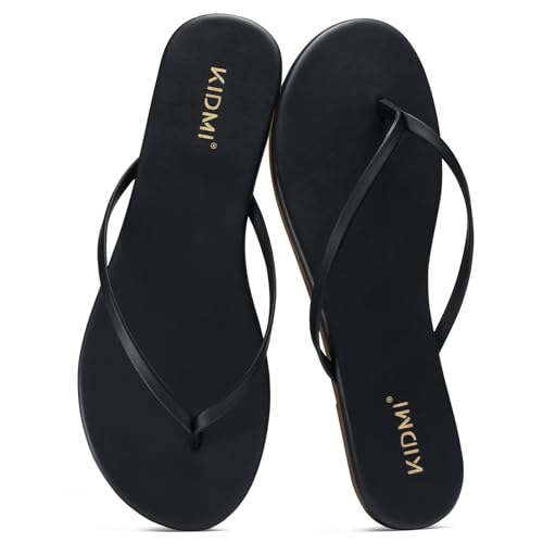KIDMI Thong Flip Flops for Women - Memory Foam Summer Beach Sandals for Women - Vegan Leather Flat Sandals Black EU 39