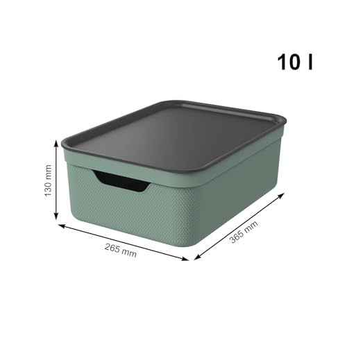 JIVE 3er Set Aufbewahrungsbox mit Deckel 10 l, Kunststoff (PP recycelt), mit Flechtmuster, grün, 3x10l (36,5 x 26,5 x 13 cm)