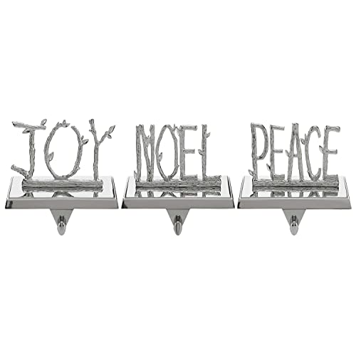 Holiday Jingle Christmas Stocking Holder Set – Joy Noel Peace Stocking Holders for Mantle – Nickel-Plated Hangers for Christmas Stockings and Decorations – Sturdy Christmas Decorations for Fireplace