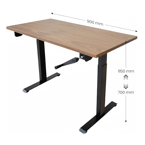 Image of Manual Hand Crank Standing Desk| Non Electric Height Adjustable Sit Stand Table| Ergonomic Workstation with Sturdy Steel| 25mm Walnut Top & Black Frame| Supports 60KG Weight| 3 Year Warranty