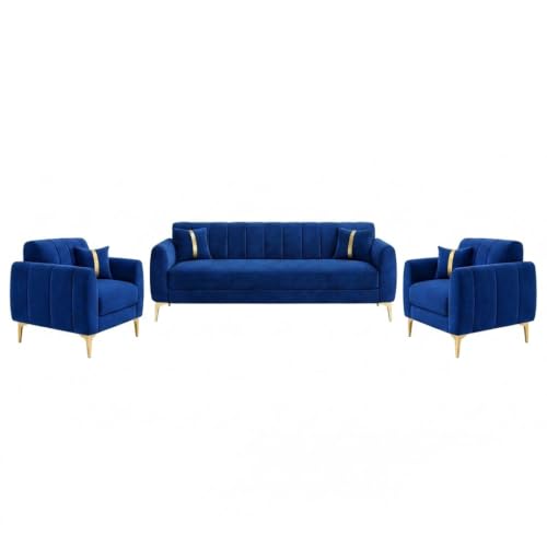 Image of Hermione Luxe Velvet-Suede Fabric 3 Seater + 1 Seater + 1 Seater Sofa Set | Golden Legs | Comfortable & Spacious Seating | Modern Sofa Set for Living Room - Dark Blue