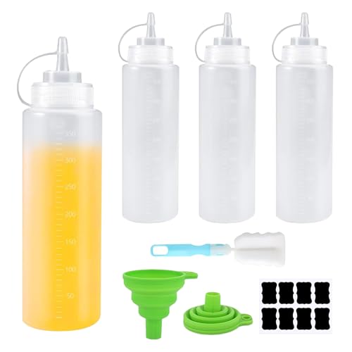 ZYETGH 360ml Quetschflasche, 4 Stück Squeeze Flasche Saucenflasche mit Kappen und Trichter Dosierflasche für Ketchup Heiße Soßen Grill Salatsaucen Malen Olivenöl