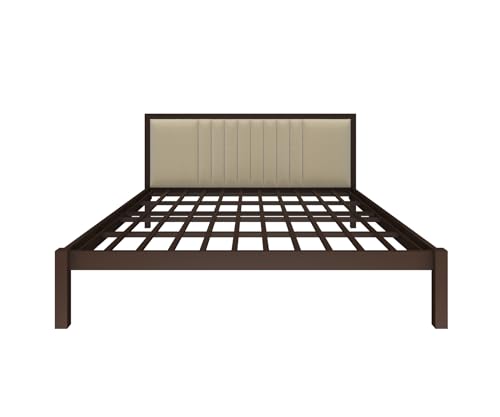 Image of Homdec Venus Wall-Supported Upholstered Headboard Metal Bed (Brown, Queen (U.K. Standard))