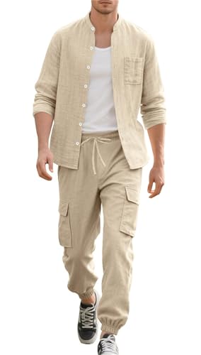 Men's Fashion 2 Piece Linen Shirts Suit Long Sleeve Button Down Matching Set Casual Beach Outfits