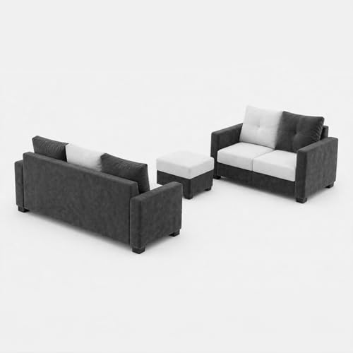 Image of FURNY Amonster 3 Seater + 2 Seater Fabric Sofa Set with 1 Ottoman (Dark Gray - Light Gray) with Velvet Finish | Durable Comfort | Ideal for Living Room