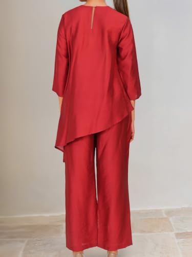 Image of Women's Magenta Chanderi Sequin Embroidered Co-ord Set | Round Neck 3 /4 Sleeve Asymmetric Top with Trousers | Festive Co-ord for Party, Wedding