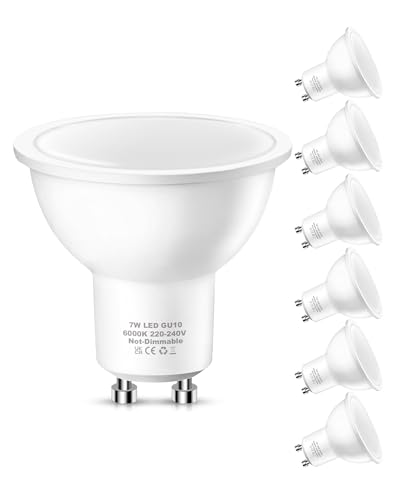 Flaspar GU10 LED Light Bulbs 60W Equivalent, 6000K Daylight White, 7W 600LM GU10 LED Bulbs 6 Pack