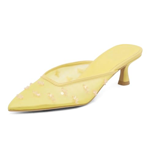 Image of Women Kitten Heel Mules Crystal Flower Decor Mesh Pointed Toe Low Heel Casual Pumps