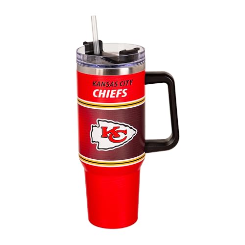 NFL Kansas City Chiefs Stainless Steel Tumbler with Handle and Straw 40oz Double Wall Insulated Cup with Lid BPA-Free Water Bottle Officially Licensed Football Travel Mug for coffee tea