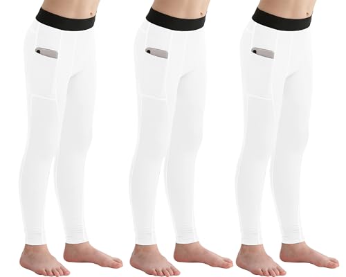 3 Pack Youth Boys Compression Leggings Athletic Pants Basketball Base Layer Football Workout Tights with Side Pockets