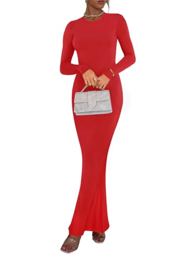 Image of REORIA Women's Sexy Crew Neck Lounge Long Dress Elegant Long Sleeve Ribbed Bodycon Maxi Dresses
