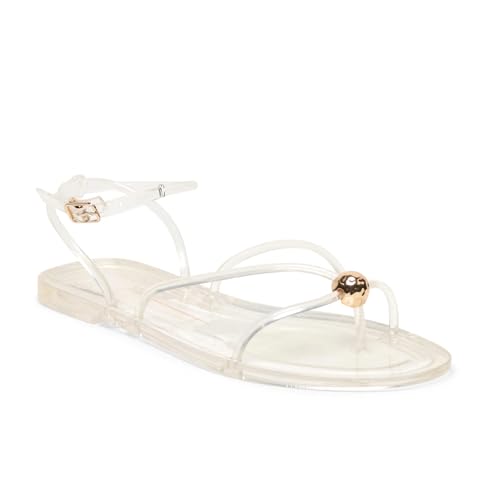 Image of Jelly Strappy Flat Sandals for Women Open Round Toe Thong Sandals Dressy Beach Flip Flop Comfortable Slides
