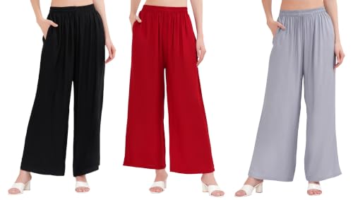 Image of Buy That Trendz Palazzo Pants for Women Rayon Elasticated Regular Fit Flared Wide Leg M to 6XL Pack of 3