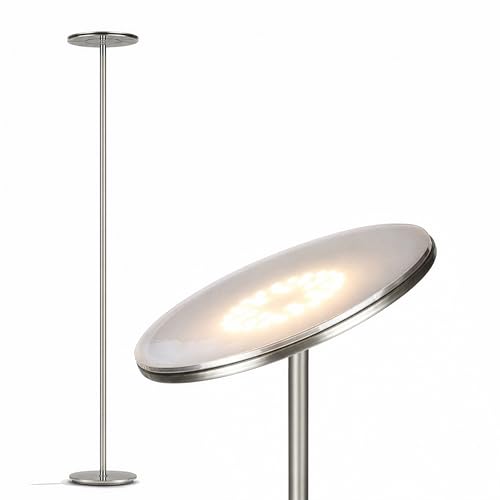 Image of Brightech Sky LED Floor lamp, Torchiere Super Bright Floor Lamp for Living Room Decor & Office - Dimmable, Tall Standing Lamp with Warm Light for Bedroom & Reading - Brushed Nickel