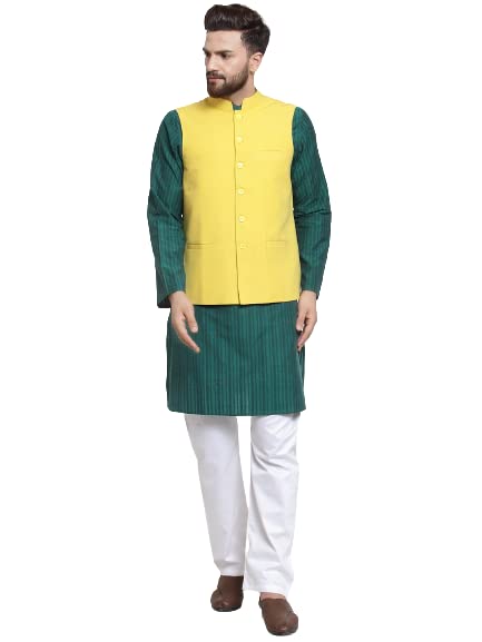 neudis Cotton Nehru/Modi Jacket Mandarian Collar Sleeveless Waist Coat for Men - Yellow 19COTTONYELLOWWC-picture-51