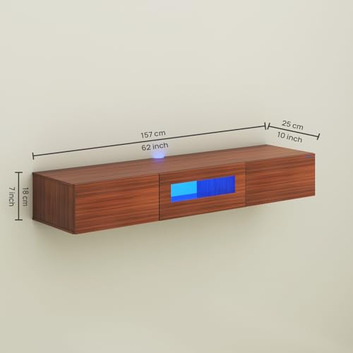 Image of Anikaa Lucen Wall Mount Modern Floating TV Unit for Living Room | 3 Closed Storage cabinets with hinged Door - Blue Color LED Light | Ideal for UP to 65 Inch TV (Walnut Finish - DIY Installation)