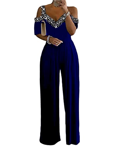 shownicer Monos de Vestir Mujer Elegante Verano Largo Talla Grande Sin Mangas Mono de Color Sólido Pantalones Anchos de Rectos Playsuit Fiesta de Noche B Azul 3XL