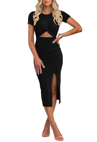 oten Women's Summer Short Sleeve Cutout Twist Front Side Slit Ribbed Knit Party Club Bodycon Midi Dresses