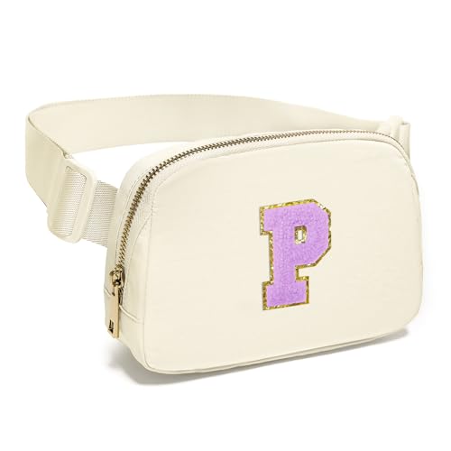 Image of Gitus Gifts for 8 9 10 11 12 Year Old Girls Belt Bag Fanny Pack Crossbody Bags with Initial Letter Patch Cute Stuff Birthday Gifts for Teen Girls Women Personalized Trend Stuff (Ivory-P)