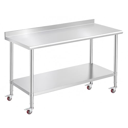 Image of OSTBA Stainless Steel Table for Prep & Work 30x60 Inches with Casters Wheels and Backsplash, NSF Metal Commercial Heavy Duty Table with Adjustable Undershelf for Restaurant Kitchen Home and Hotel