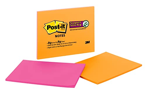 Image of Post-it Super Sticky Notes, 8x6 in, 2 Pads, 2X The Sticking Power, Rio de Janeiro Collection, Bright Colors (Orange, Pink, Blue, Green), Recyclable (6845-SSP-2PK)