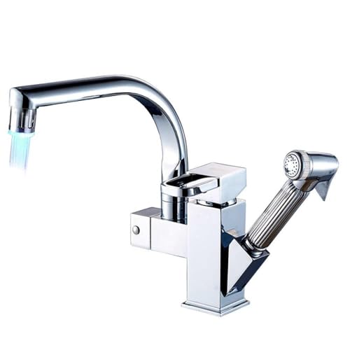 WELLHY Grifo. Grifo de cocina con luz LED Grifo monomando Dos caños giratorios Grifo de agua fría y caliente para cocina Grifo de rociador de lavado extraíble, cromo de luz LED