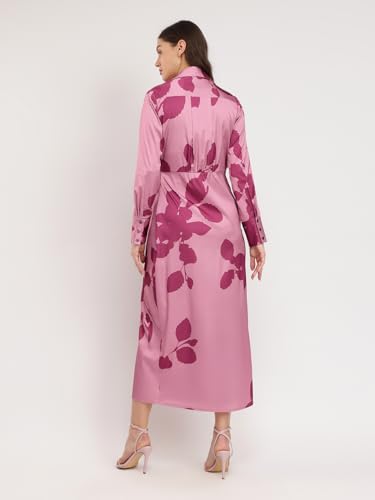 Image of FableStreet Women's Casual Shirt Collar Printed Polyester Midi Dress