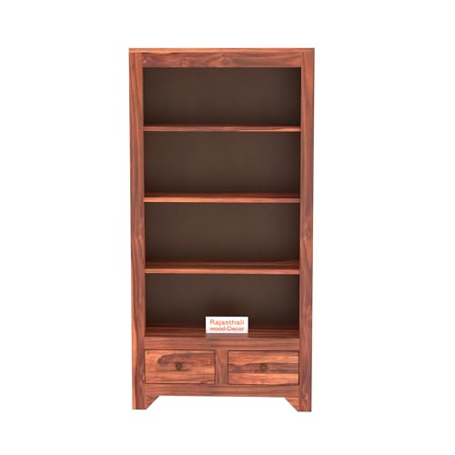 Image of Solid Sheesham Wood Bookshelf Cum Display Cabinet | Wooden Book Shelf with 2 Drawers & 3 Shelves Storage | Living Room & Study Room Bookcase | Honey Oak Natural Finish