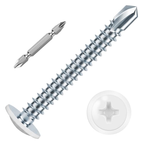 Mellewell Tornillos autorroscantes rápidos de cabeza de armadura modificada de 1-1/2 pulgadas, tornillos autoperforantes de cabeza blanca, acero al carbono, broca de destornillador incluida, 50
