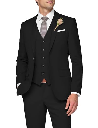 SPTALLFITJSV 3-teiliger Anzug für Herren, schmale Passform, Hochzeitsanzüge für Herren, Elegante EIN-Knopf-Jacke, einreihige Weste, Hose, Schwarz, L