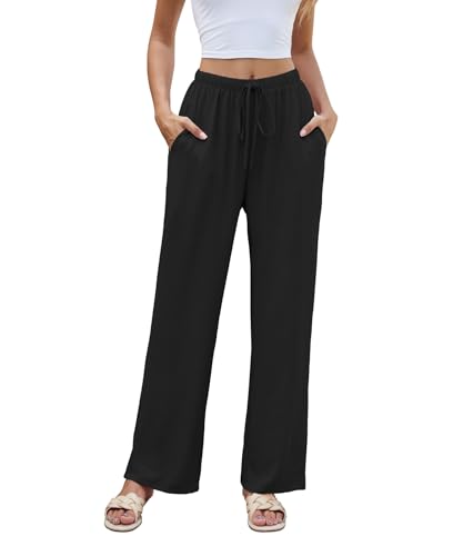 NILOUFO Women Summer Casual High Waist Wide Leg Pants Fashion Lightweight Flowy Boho Beach Trousers with Pockets