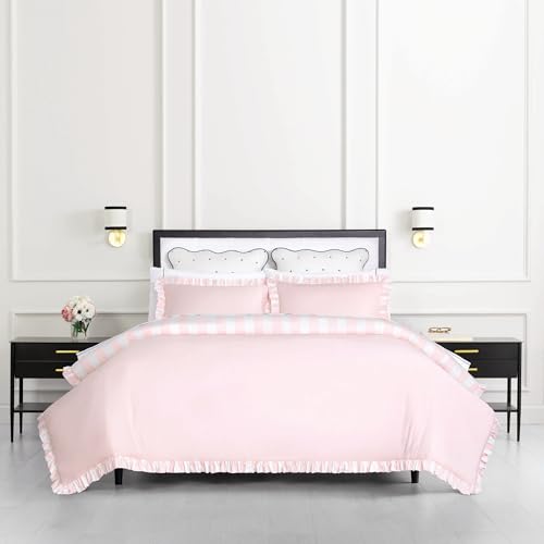 Kate Spade New York Sateen Ruffle Full/Queen Comforter Set, 300 Thread Count Cotton Sateen Reversible Cover, All Season 3 Piece Bedding, Machine Washable, Pink