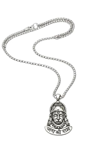 Image of Unisex Stainless Steel Silver Hanuman Ji Pendant Necklace - Lord Mahabali, Meditation Pose, Gada Design, Bajrang Bali, Veer Hanuman & Devotional Face Locket with 24 Inch Chain for Men & Women