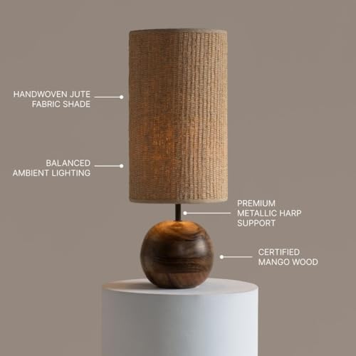 Image of FIG Living Jute Weave Table Lamp (Brown) | 54 cm Tall Handcrafted Jute Lampshade with Mango Wood Base | Natural, Rustic & Elegant Decorative Table Lamp for Living Room, Bedroom & Gifting | 2.5m Cord